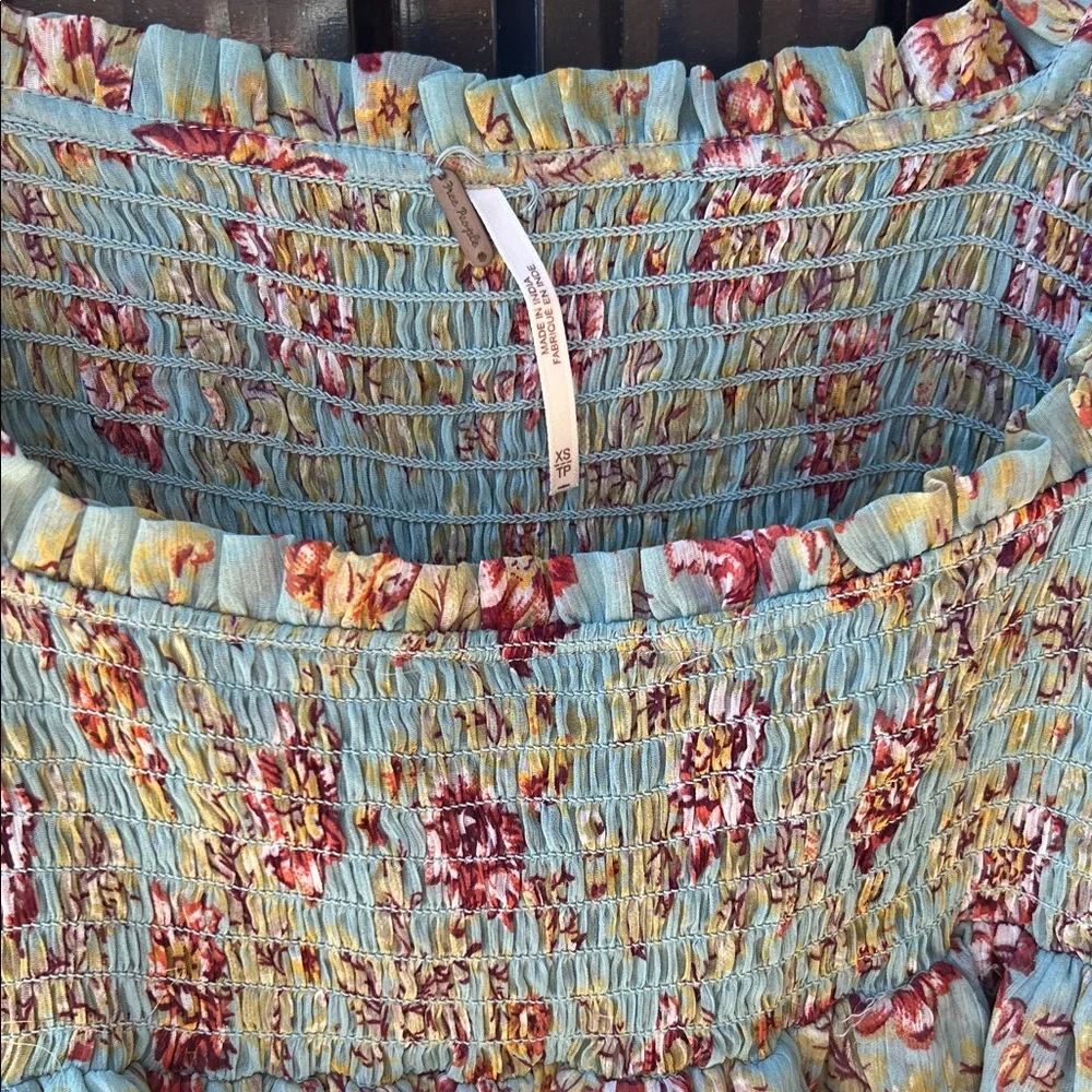 Free People Floral Smocked Blouse Blue Green Pink Red Flowers Flowy Fairy Boho - Picture 5 of 8